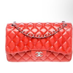 Chanel Jumbo Double Flap Orange Red Quilted Shoulder Bag Authentic